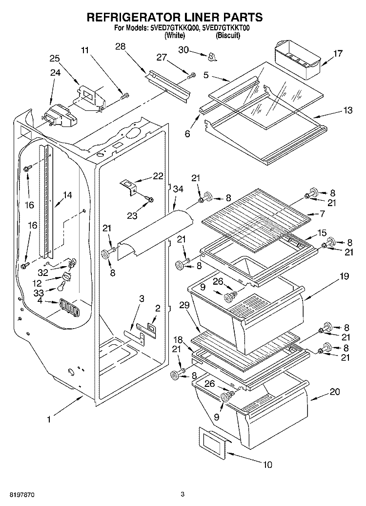REFRIGERATOR LINER Diagram and Parts List for 5VED7GTKKT00  Whirlpool Refrigerator