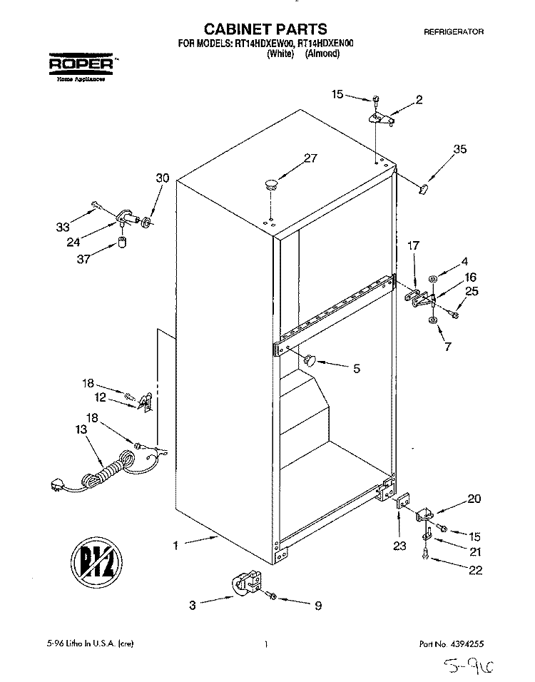 CABINET Diagram and Parts List for RT14HDXEN00  Roper Refrigerator