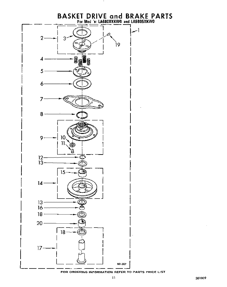 BASKET DRIVE AND BRAKE Diagram and Parts List for LA5805XKW0  Whirlpool Washer