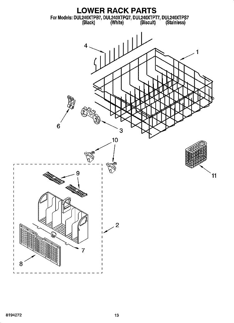 LOWER RACK PARTS, OPTIONAL PARTS (NOT INCLUDED) Diagram and Parts List for DUL240XTPB7  Whirlpool Dishwasher