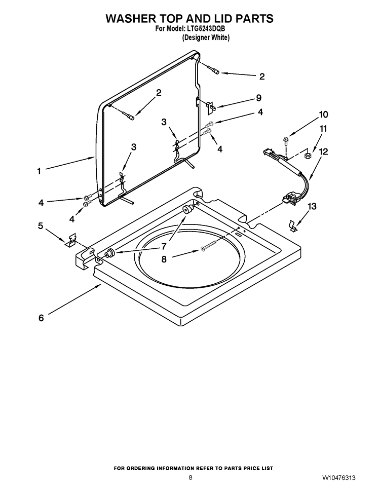 WASHER TOP AND LID PARTS Diagram and Parts List for LTG5243DQB  Whirlpool Washer Dryer Combo