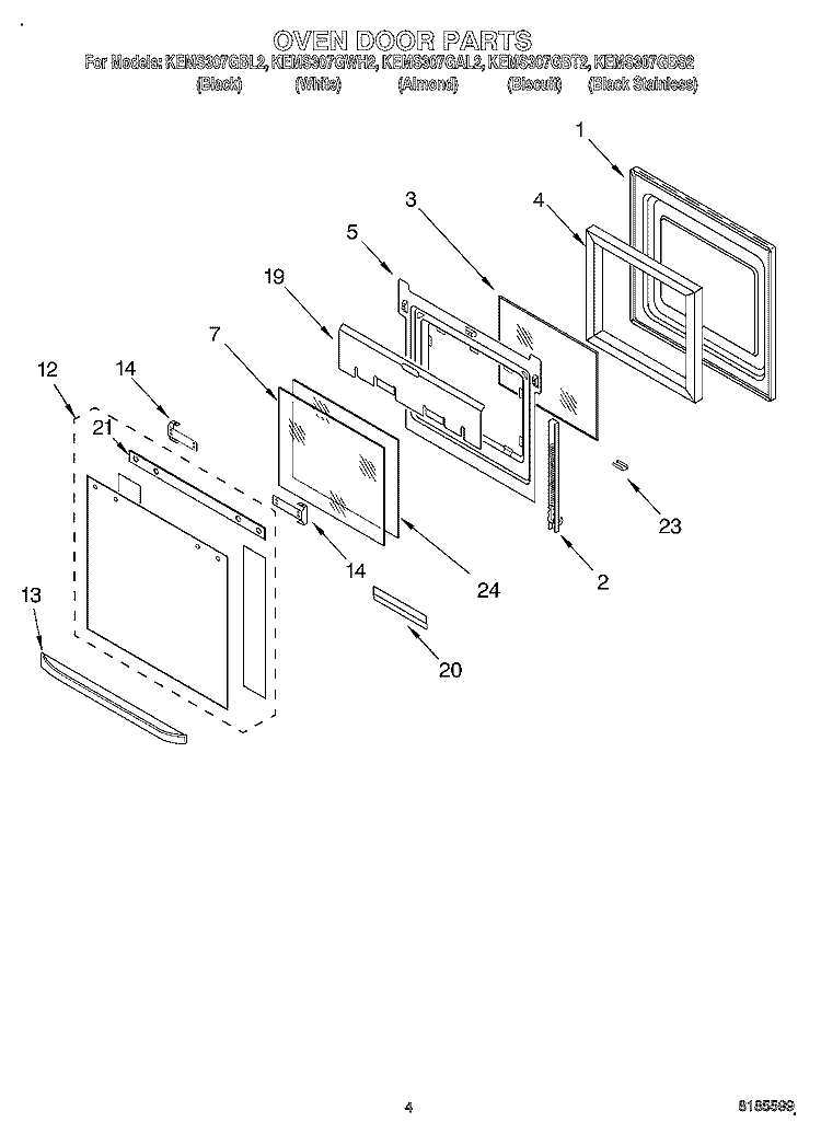 OVEN DOOR Diagram and Parts List for KEMS307GBS2  KitchenAid Microwave Oven Combo