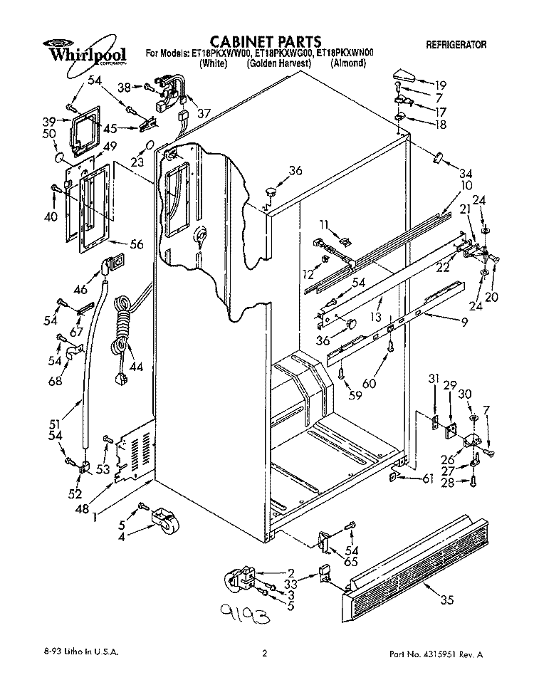 CABINET Diagram and Parts List for ET18PKXWW00  Whirlpool Refrigerator