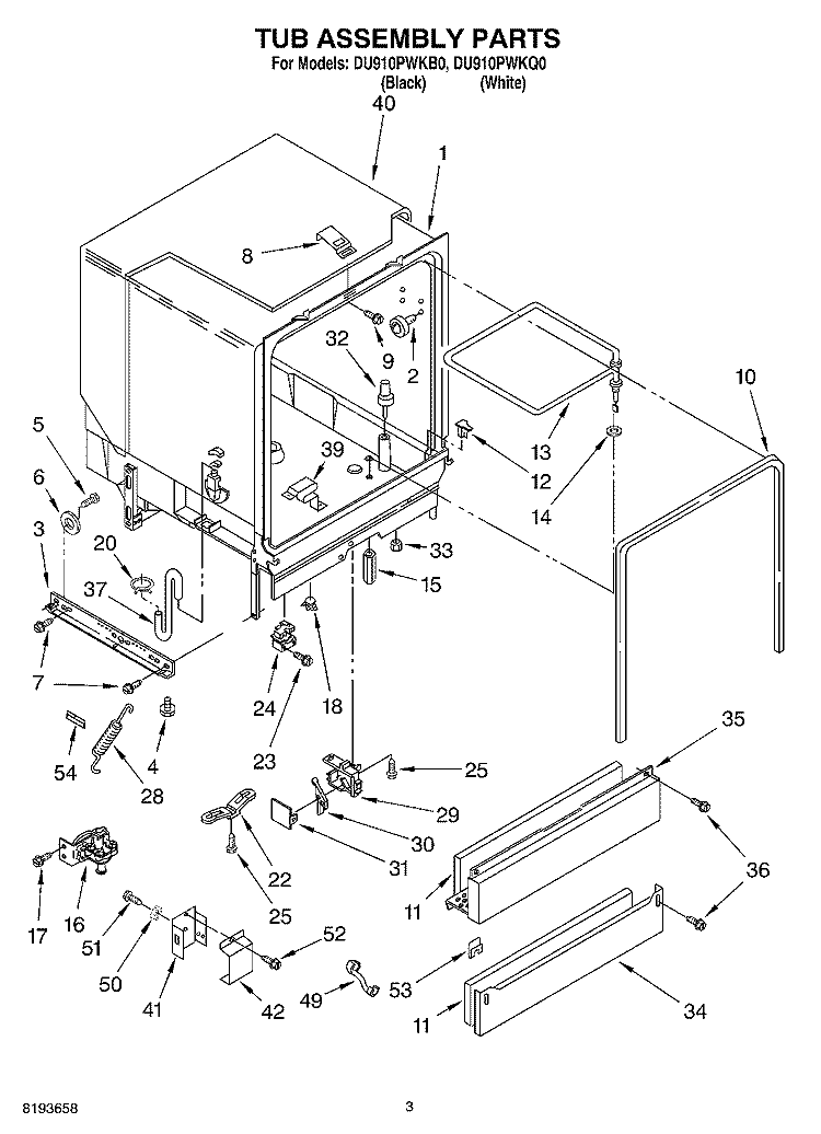 TUB ASSEMBLY Diagram and Parts List for DU910PWKQ0  Whirlpool Dishwasher