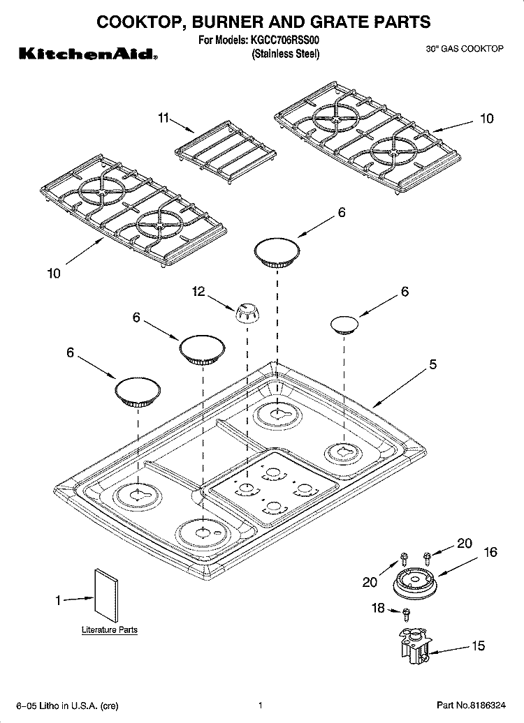 COOKTOP, BURNER AND GRATE PARTS Diagram and Parts List for KGCC706RSS00  KitchenAid Cooktop