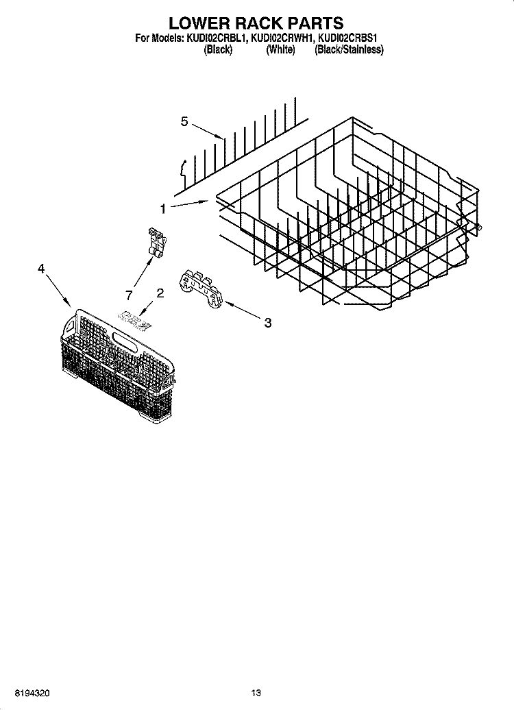 LOWER RACK PARTS, OPTIONAL PARTS (NOT INCLUDED) Diagram and Parts List for KUDI02CRBL1  KitchenAid Dishwasher
