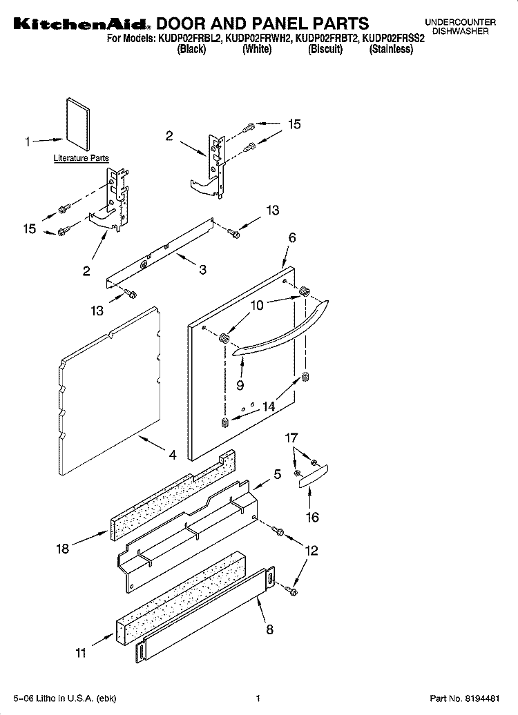 DOOR AND PANEL PARTS Diagram and Parts List for KUDP02FRBT2  KitchenAid Dishwasher