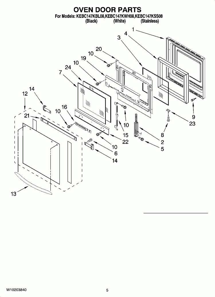 OVEN DOOR PARTS Diagram and Parts List for KEBC147KBL08  KitchenAid Wall Oven