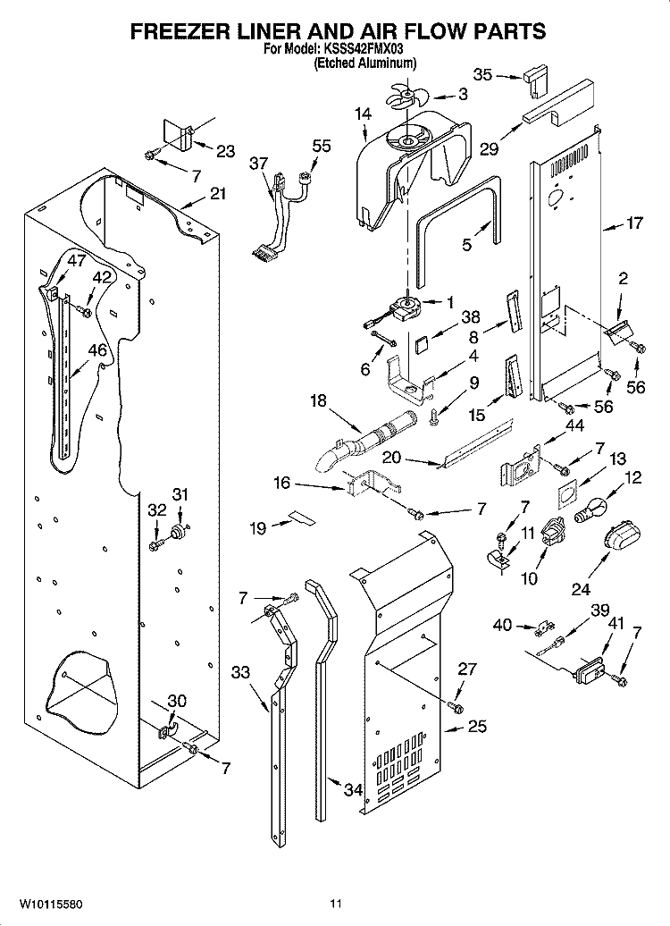 FREEZER LINER AND AIR FLOW PARTS Diagram and Parts List for KSSS42FMX03  KitchenAid Refrigerator