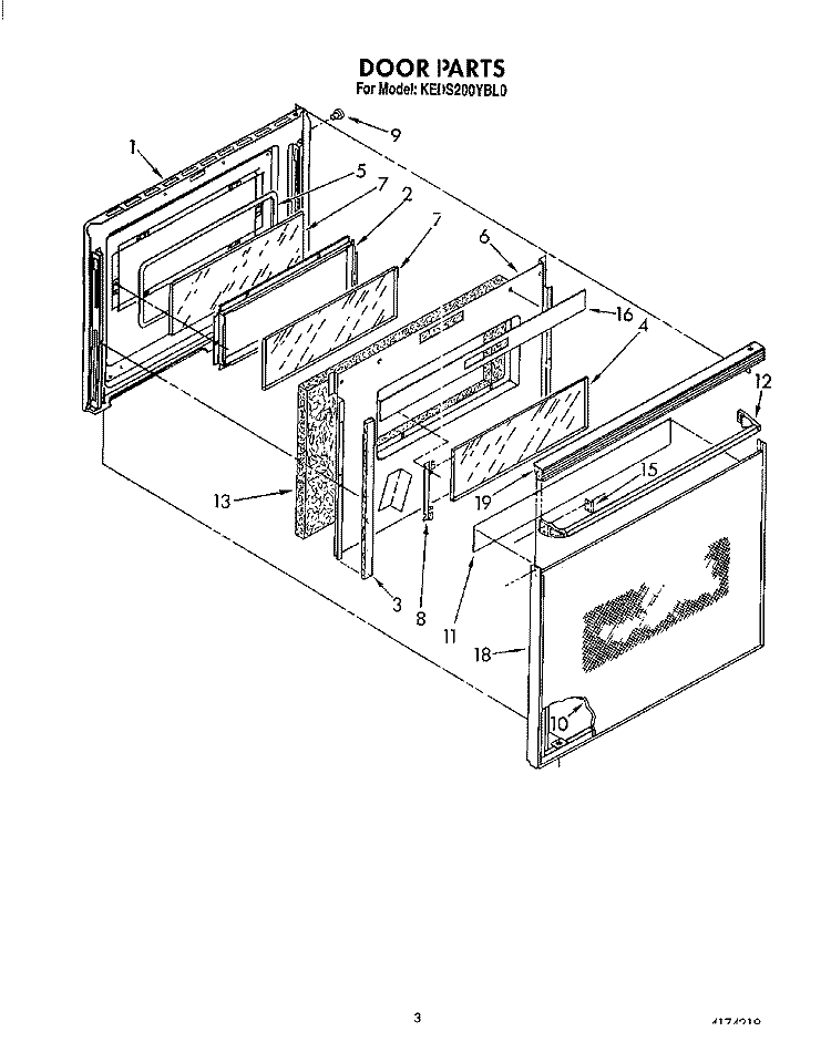 DOOR Diagram and Parts List for KEDS200YWH0  KitchenAid Range