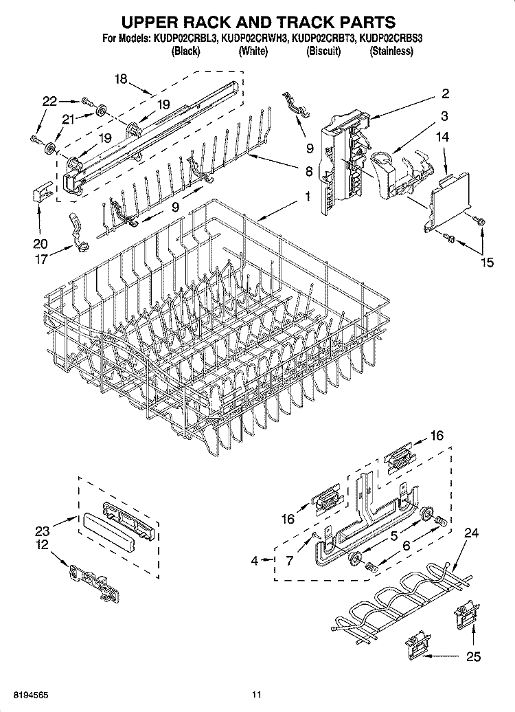 UPPER RACK AND TRACK PARTS Diagram and Parts List for KUDP02CRBL3  KitchenAid Dishwasher