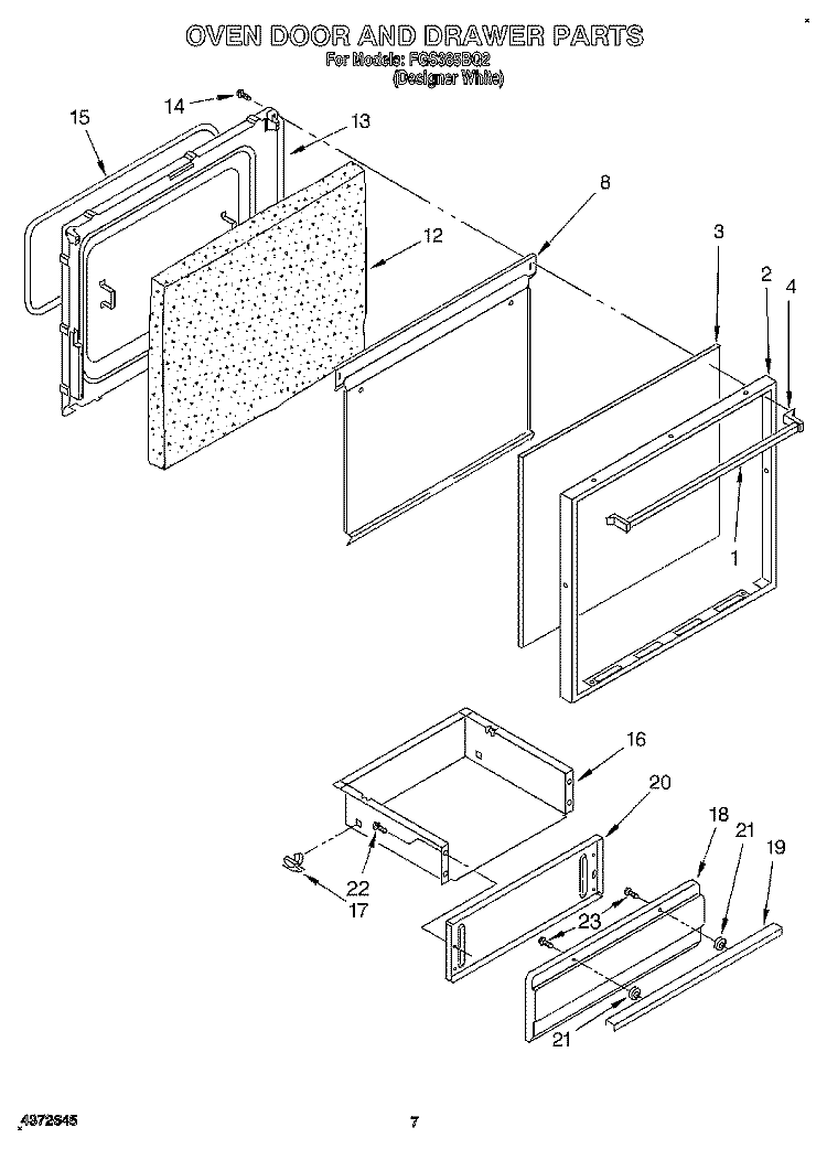 OVEN DOOR AND DRAWER Diagram and Parts List for FGS385BQ2  Roper Range