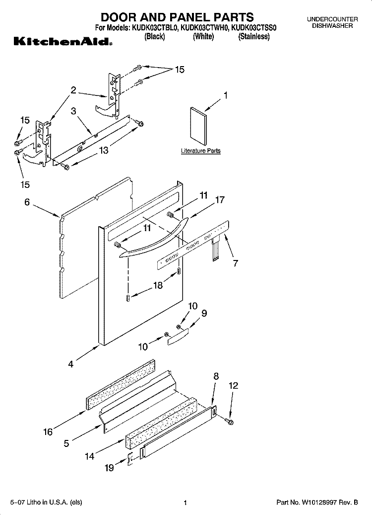 DOOR AND PANEL PARTS Diagram and Parts List for KUDK03CTBL0  KitchenAid Dishwasher