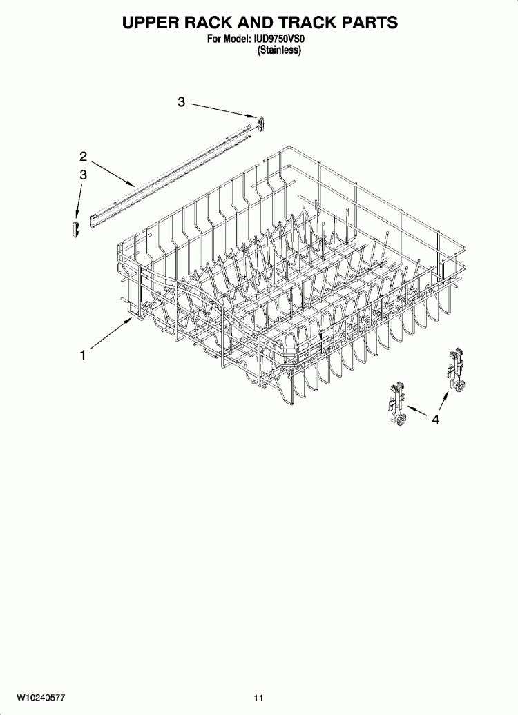 UPPER RACK AND TRACK PARTS Diagram and Parts List for IUD9750VS0  Whirlpool Dishwasher