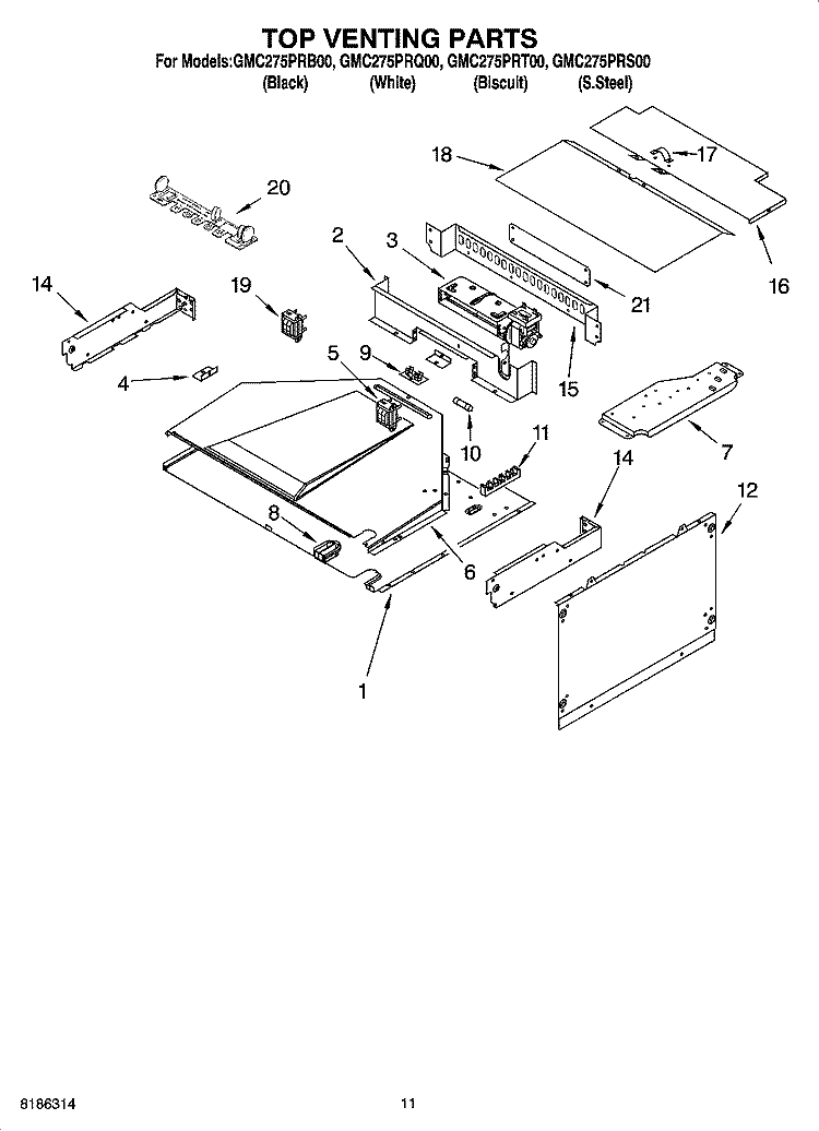 TOP VENTING PARTS, OPTIONAL PARTS Diagram and Parts List for GMC275PRB00  Whirlpool Microwave Oven Combo
