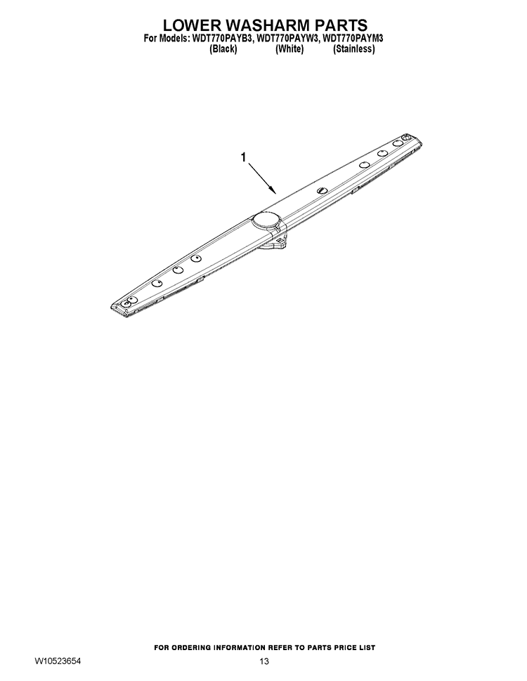 LOWER WASHARM PARTS Diagram and Parts List for WDT770PAYW3  Whirlpool Dishwasher
