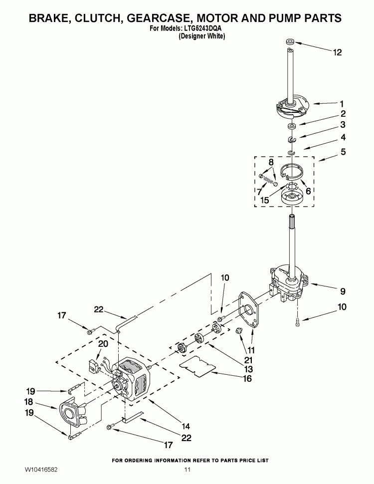 BRAKE, CLUTCH, GEARCASE, MOTOR AND PUMP PARTS Diagram and Parts List for LTG5243DQA  Whirlpool Washer Dryer Combo