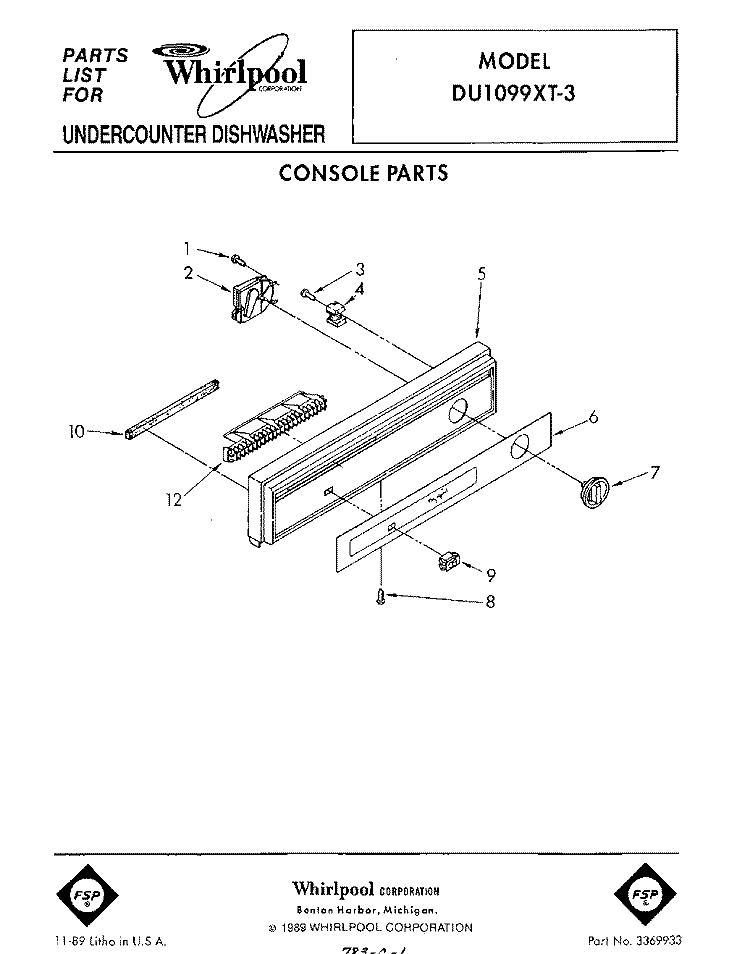 CONSOLE Diagram and Parts List for DU1099XT3  Whirlpool Dishwasher