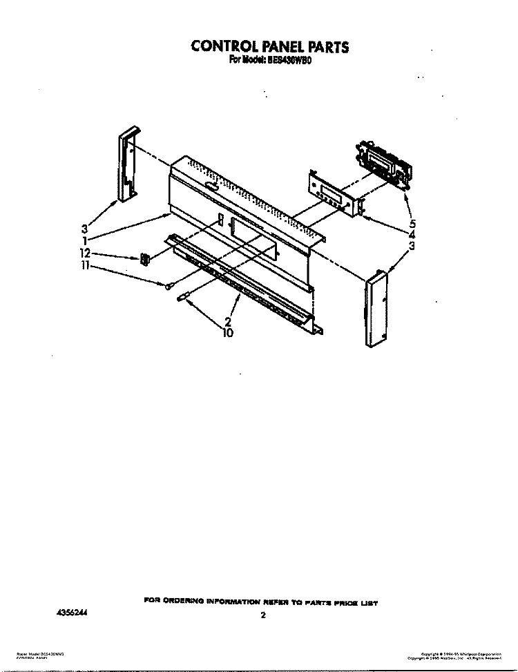 CONTROL PANEL Diagram and Parts List for BES430WW0  Roper Range