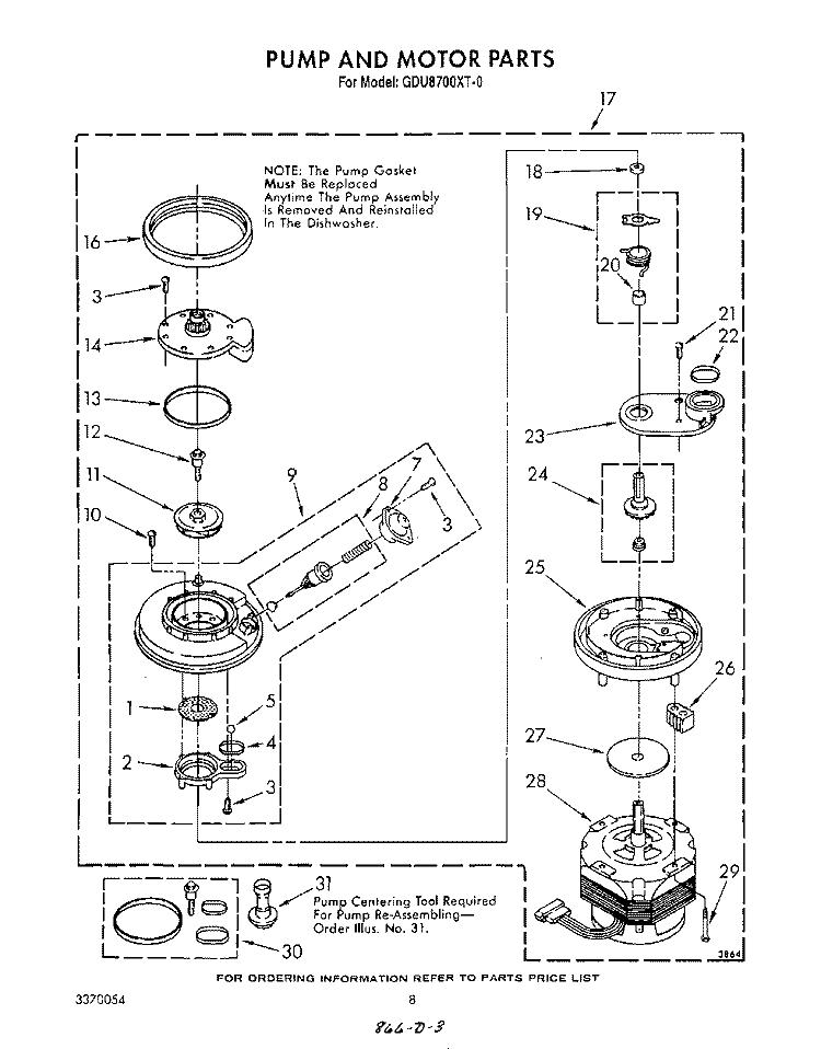 PUMP AND MOTOR Diagram and Parts List for GDU8700XT0  Whirlpool Dishwasher