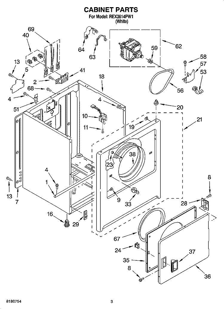 CABINET PARTS Diagram and Parts List for REX3614PW1  Roper Dryer