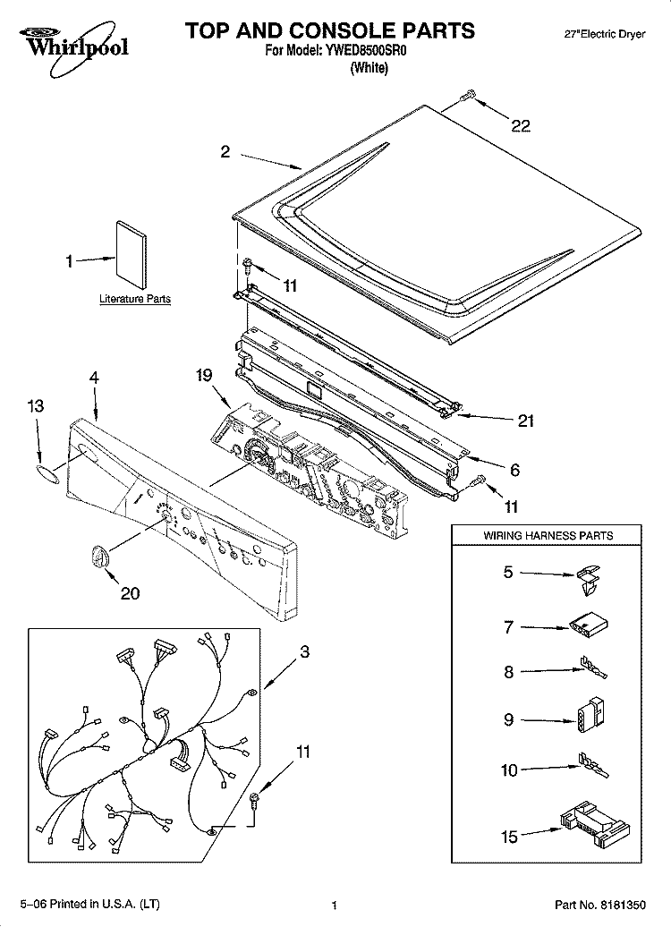 TOP AND CONSOLE PARTS Diagram and Parts List for YWED8500SR0  Whirlpool Dryer
