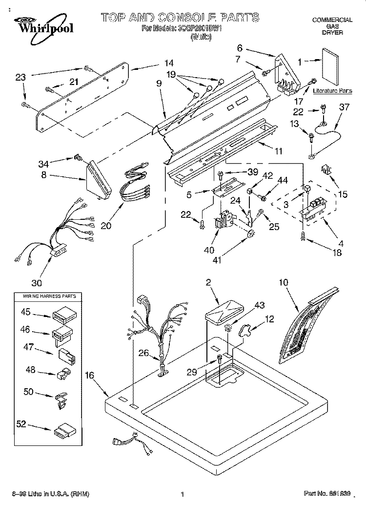 TOP AND CONSOLE, LITERATURE Diagram and Parts List for 3CGP2901DW1  Whirlpool Dryer