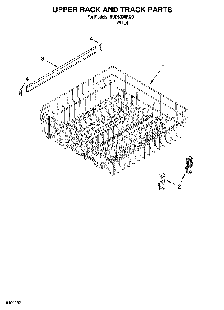 UPPER RACK AND TRACK PARTS Diagram and Parts List for RUD8000RQ0  Roper Dishwasher