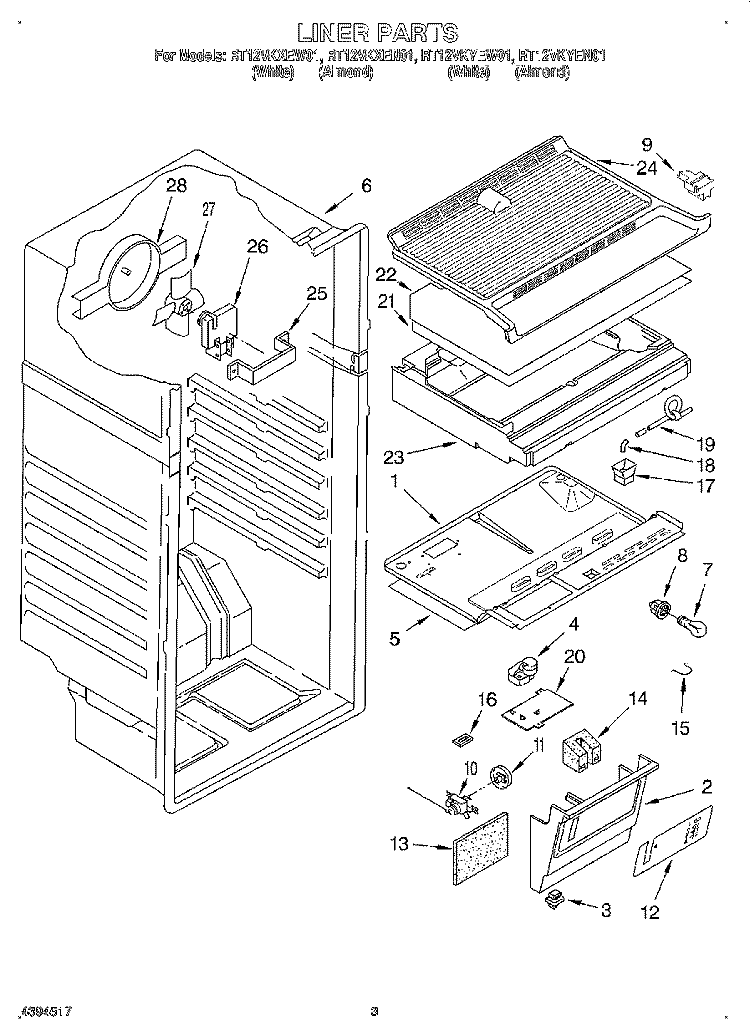 LINER Diagram and Parts List for RT12VKYEW01  Roper Refrigerator