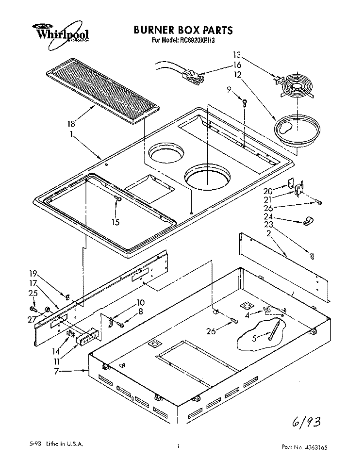 BURNER BOX, LIT/OPTIONAL Diagram and Parts List for RC8920XRH3  Whirlpool Cooktop
