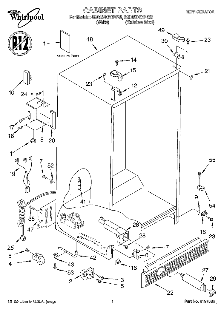 CABINET, LITERATURE Diagram and Parts List for 6GD25DCXHS00  Whirlpool Refrigerator