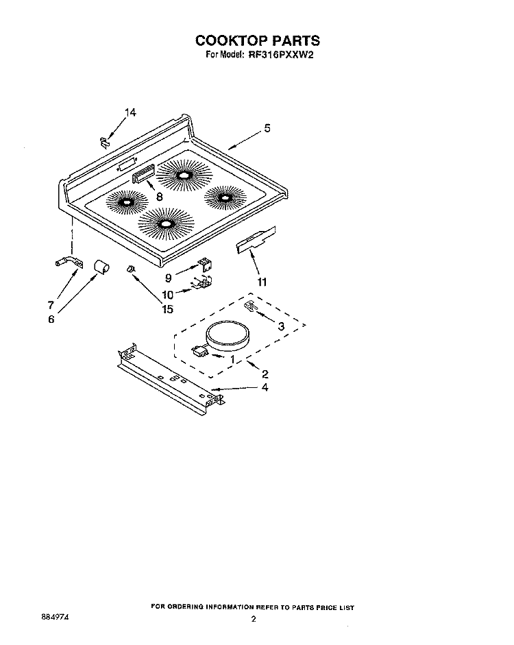 COOKTOP, LIT/OPTIONAL Diagram and Parts List for RF316PXXB2  Whirlpool Range