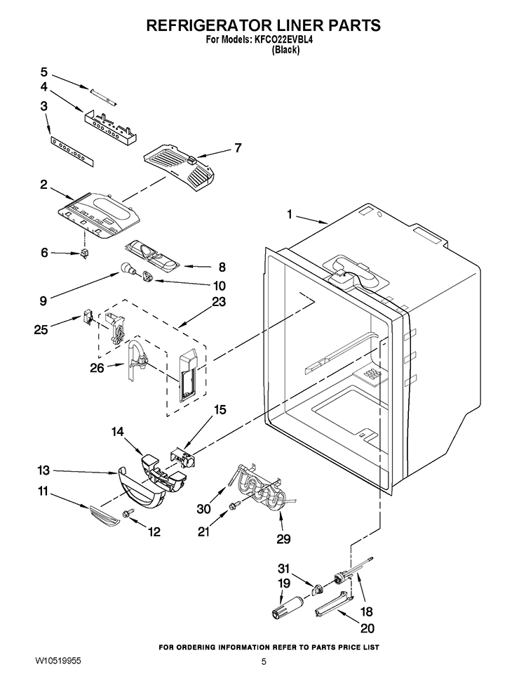 REFRIGERATOR LINER PARTS Diagram and Parts List for KFCO22EVBL4  KitchenAid Refrigerator