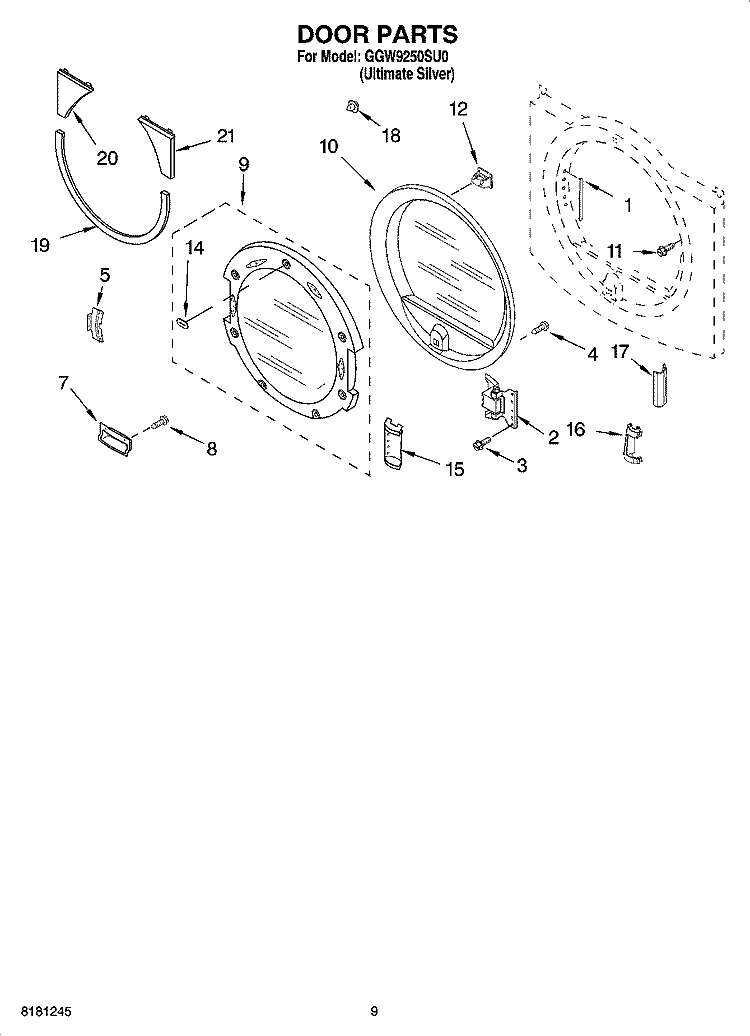 DOOR PARTS, OPTIONAL PARTS (NOT INCLUDED) Diagram and Parts List for GGW9250SU0  Whirlpool Dryer