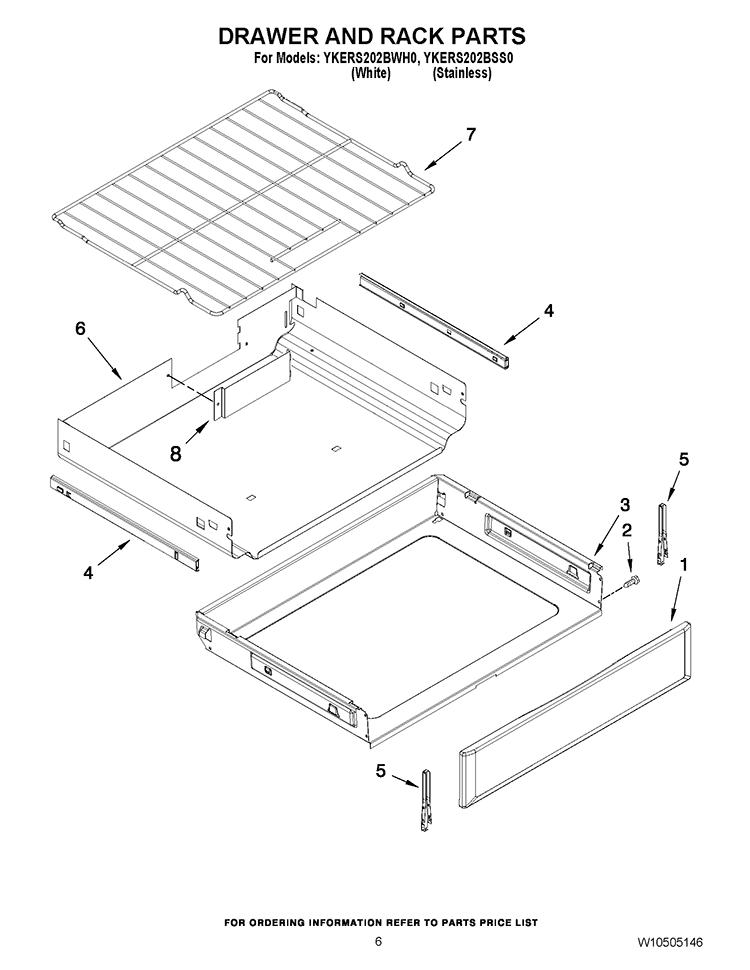 DRAWER AND RACK PARTS Diagram and Parts List for YKERS202BWH0  KitchenAid Range