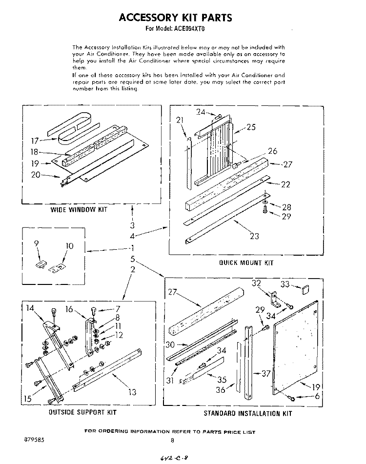 ACCESSORY KIT, LITERATURE (CONTINUED) Diagram and Parts List for ACE094XT0  Whirlpool Air Conditioner