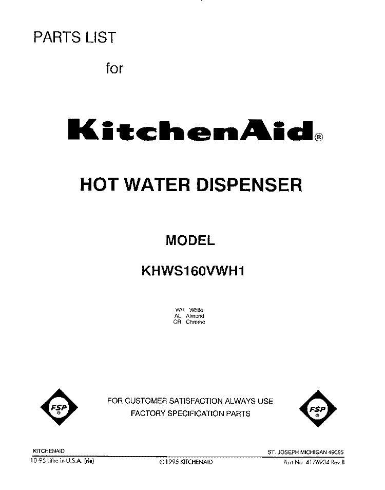 SECTION Diagram and Parts List for KHWS160VWH1  KitchenAid Miscellaneous