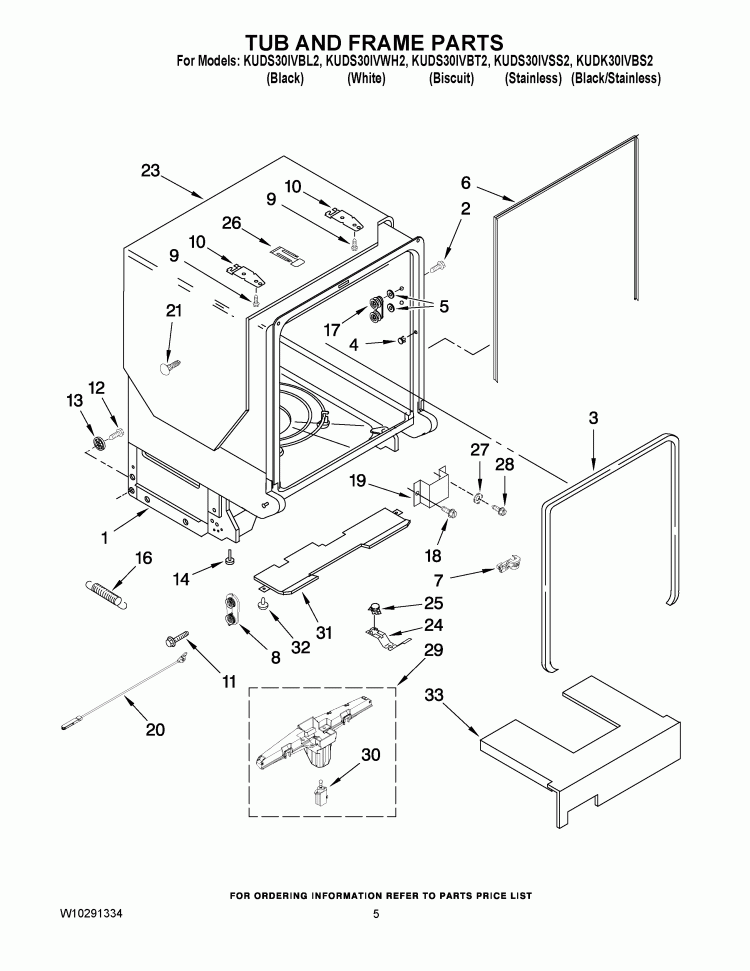 TUB AND FRAME PARTS Diagram and Parts List for KUDK30IVBS2  Whirlpool Dishwasher