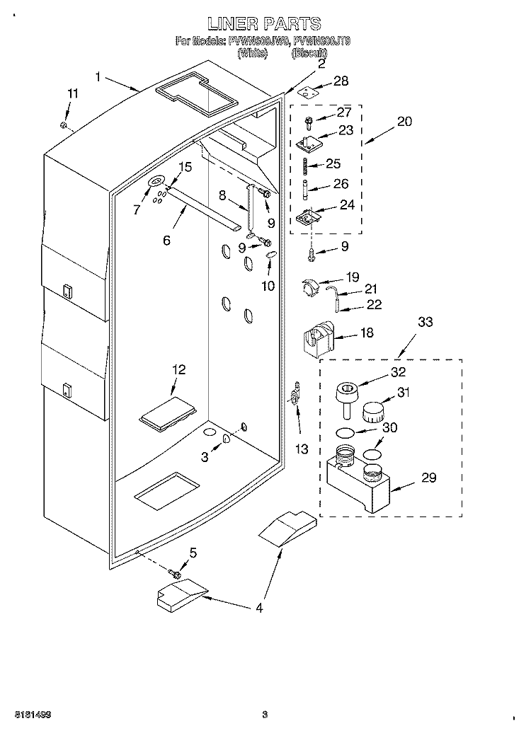 LINER Diagram and Parts List for PVWN600JT0  Whirlpool Cabinet