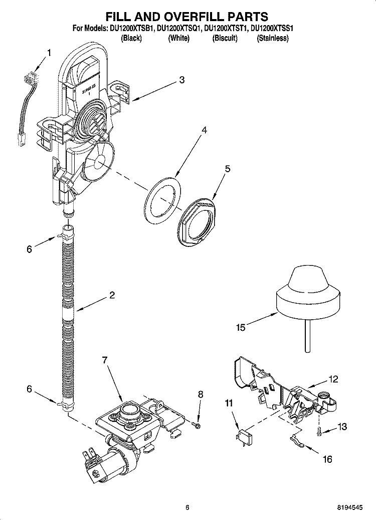 FILL AND OVERFILL PARTS Diagram and Parts List for DU1200XTSS1  Whirlpool Dishwasher