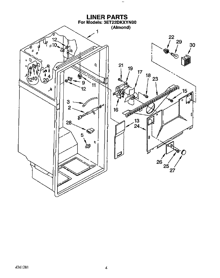 LINER Diagram and Parts List for 3ET22DKXYN00  Whirlpool Refrigerator