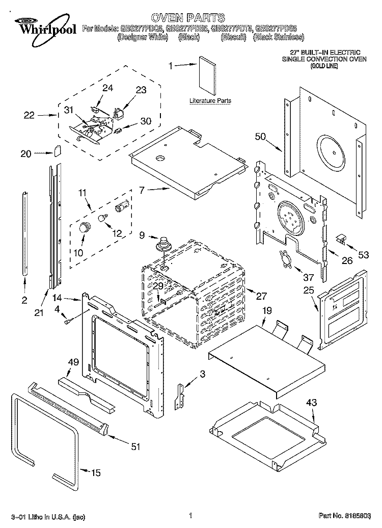 OVEN, LITERATURE Diagram and Parts List for GBS277PDQ5  Whirlpool Wall Oven