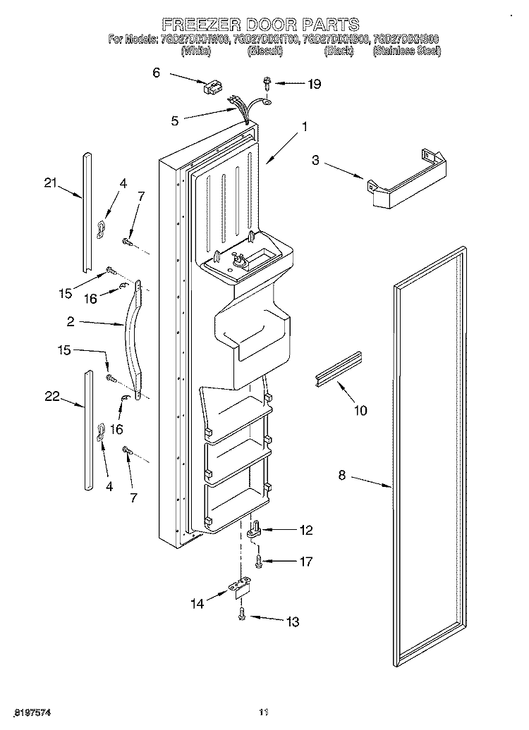 FREEZER DOOR Diagram and Parts List for 7GD27DIXHT00  Whirlpool Refrigerator