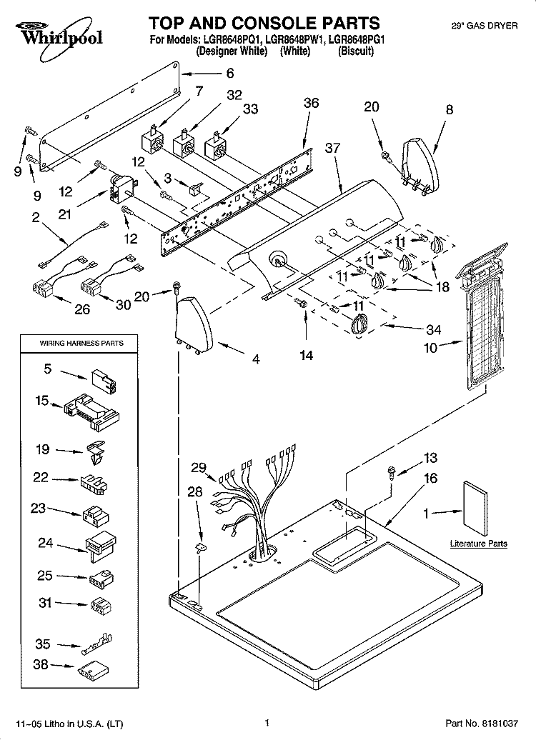 TOP AND CONSOLE PARTS Diagram and Parts List for LGR8648PG1  Whirlpool Dryer
