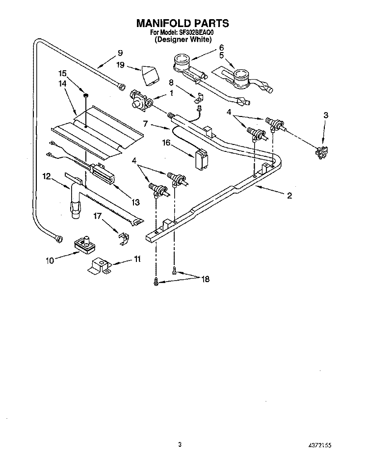 MANIFOLD Diagram and Parts List for SF302BEAQ0  Whirlpool Range
