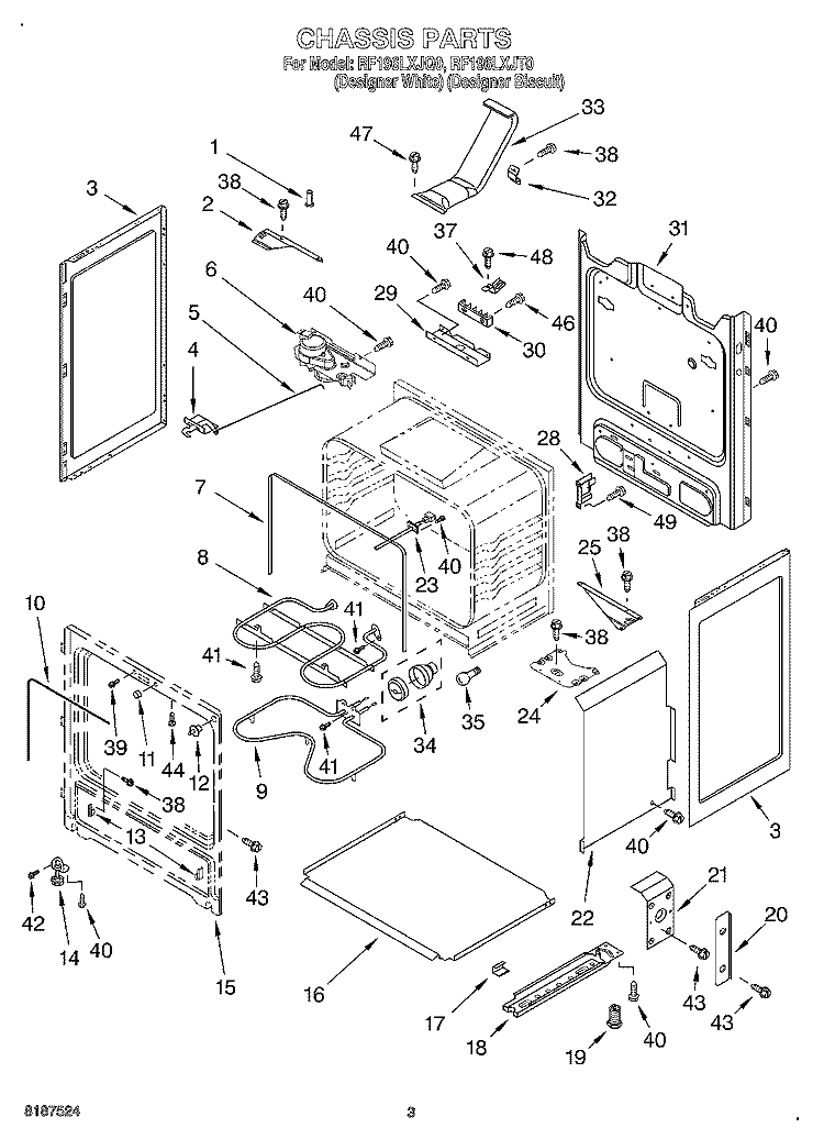 CHASSIS Diagram and Parts List for RF196LXJT0  Whirlpool Range