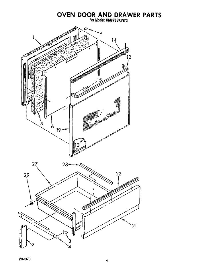 OVEN DOOR AND DRAWER Diagram and Parts List for RM978BXVW2  Whirlpool Microwave Oven Combo