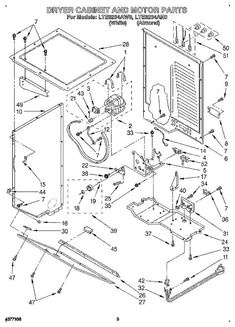 DRYER CABINET AND MOTOR Diagram and Parts List for LTE6234AN0  Whirlpool Washer Dryer Combo