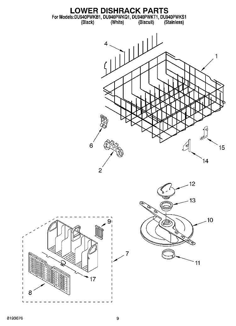 LOWER DISHRACK Diagram and Parts List for DU940PWKB1  Whirlpool Dishwasher