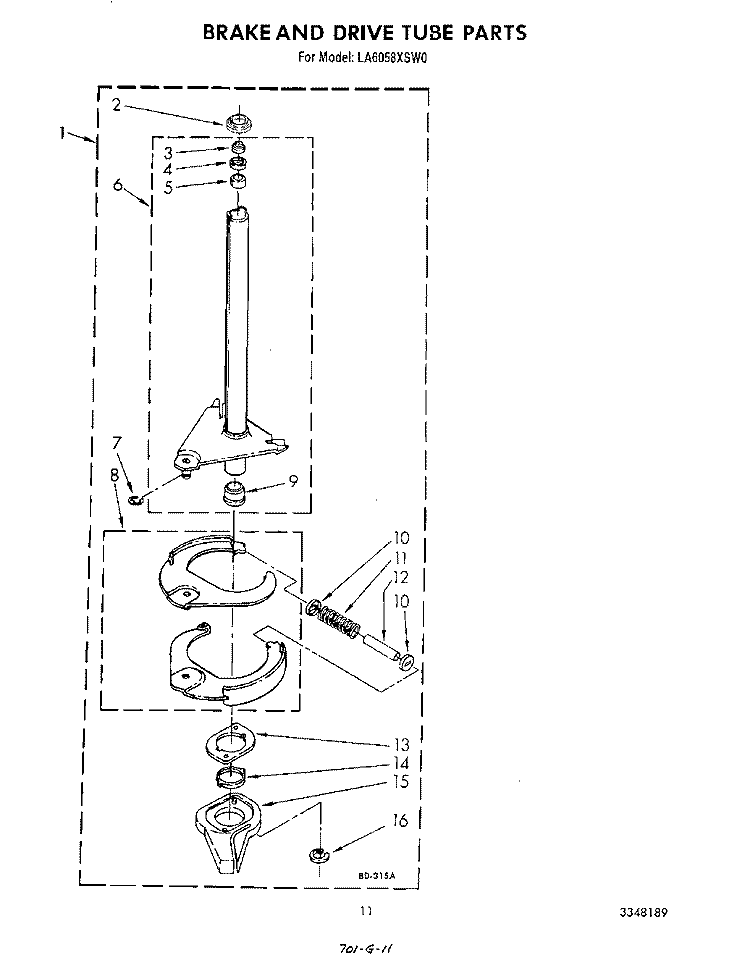 BRAKE AND DRIVE TUBE Diagram and Parts List for LA6058XSW0  Whirlpool Washer